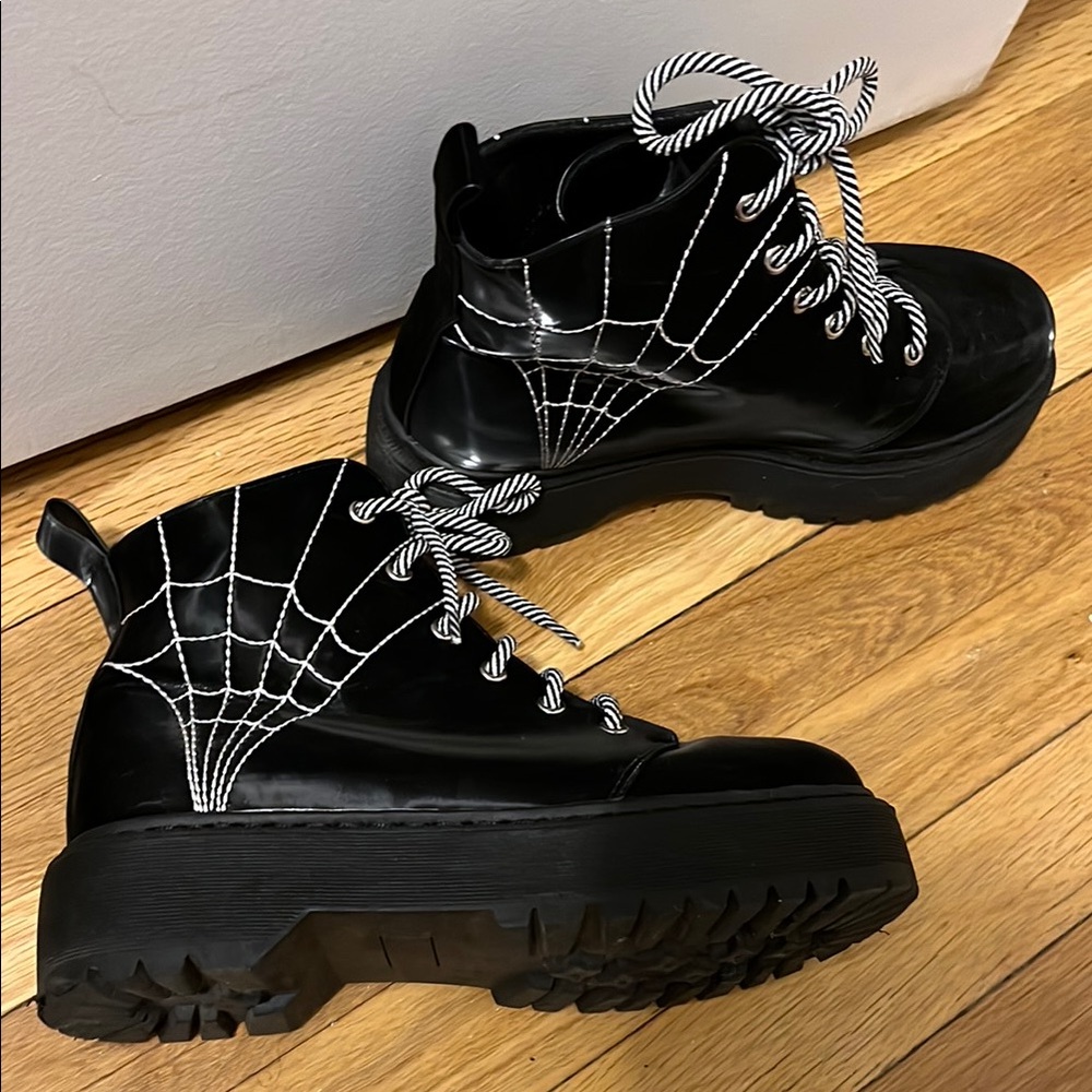 Disturbia Patent Leather Spider Web Boots